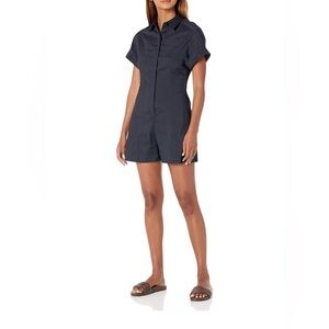 Theory Linen Romper Navy Blue Size 4 | Short Sleeve Collared One Piece